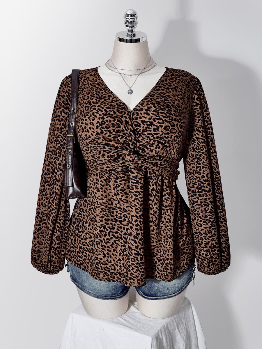SHEIN ICON Women's Plus Size Leopard Print Knot Front Blouse - Brown - View 1