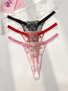 PetitDoll 3pcs/Set Women's Heart Embroidery Thong Panties, Sweet And Cute, Suitable For Various Outfit Scenarios, Soft And Comfortable, Suitable For Daily And All-Season Wear - Multicolor - View 2