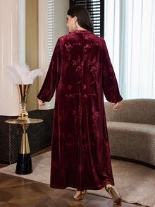 Al Najma Plus Size Women's Jacquard Button Half-Placket Arabic Style Dress - Burgundy - View 2