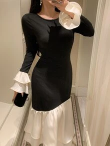 DAZY Women's Long Colorblock Patchwork Fitted Banquet Dress - Black - View 1