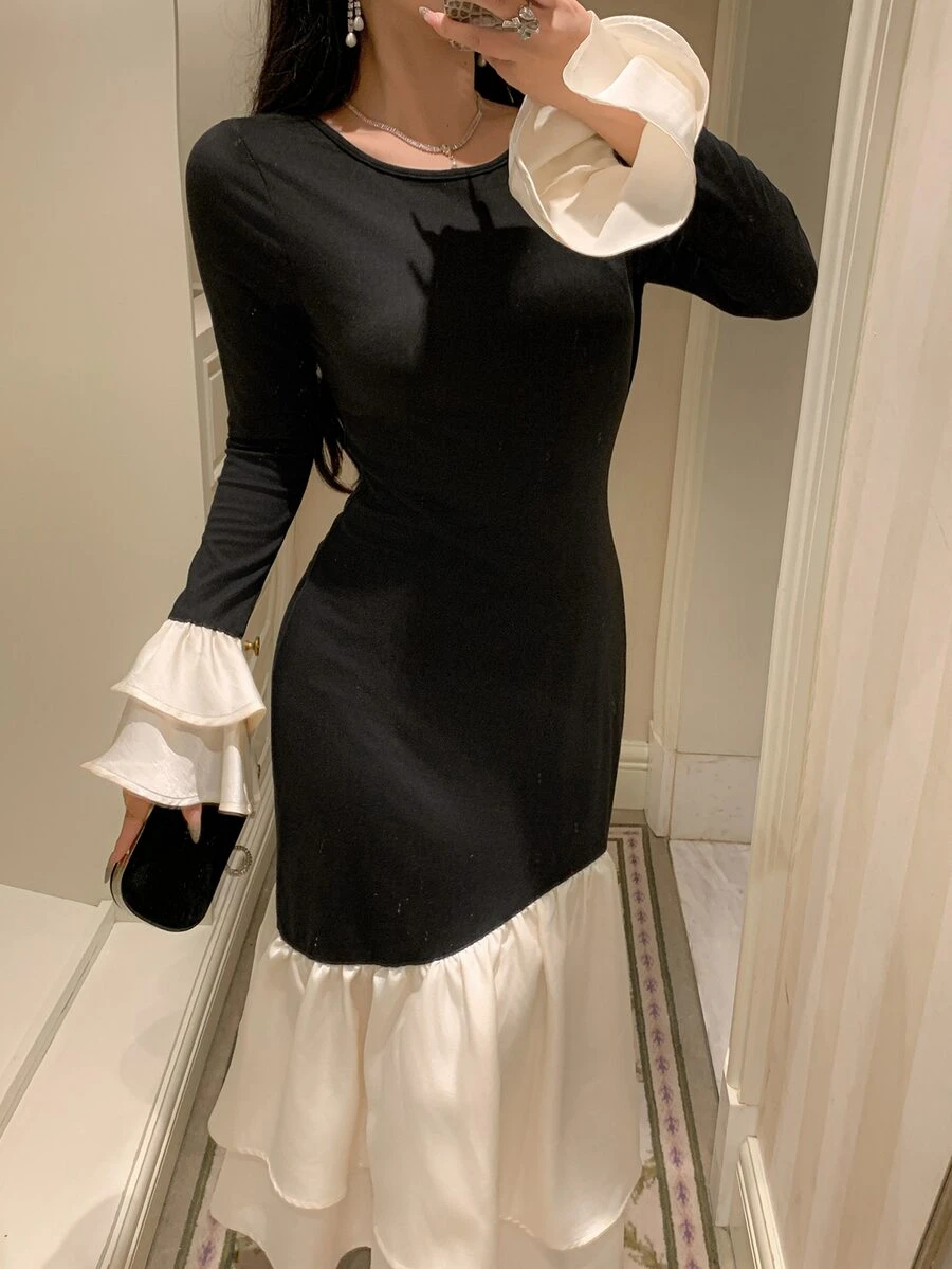 DAZY Women's Long Colorblock Patchwork Fitted Banquet Dress - Black - View 1
