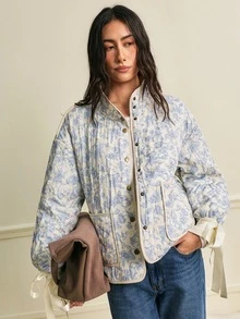 SHEIN Women's Floral Print Drop Shoulder Long Sleeve Single-Breasted Winter Coat - Multicolor - View 5