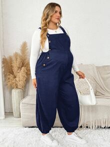 Plussiva Plus Maternity Solid Button Detail Overall Without Tee Photoshoot Summer Maternity Going Out - Navy Blue - View 4