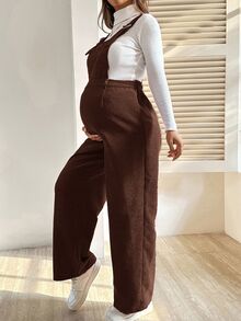 SHEIN 孕婦粉色燈芯絨紋理休閒連身褲 秋季孕婦裝 秋季孕婦吊帶褲 孕婦連身褲 女款 - 棕色 - 查看 3