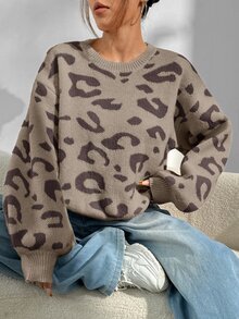 Flirla 女款寬鬆落肩休閒豹紋針織套頭上衣，秋冬長袖毛衣 - 彩色 - 查看 1