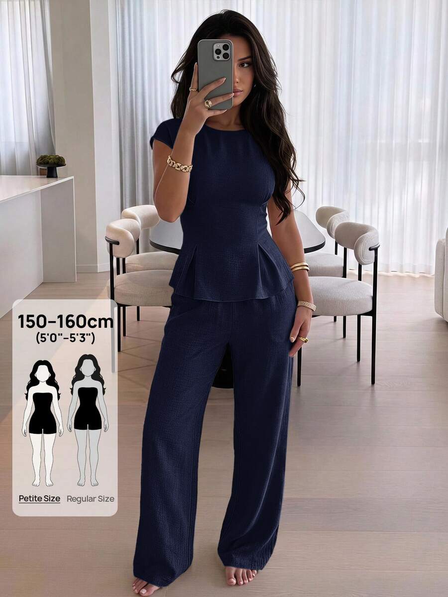 SHEIN PETITE 女款純色上衣與長褲休閒日常兩件套 - 藍色 - 查看 1