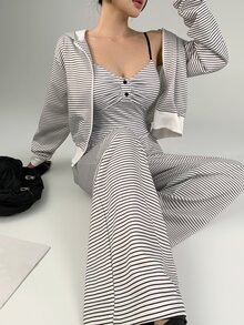 DAZY Women's Striped Colorblock Camisole Top And Long Pants Sports Set - Black and White - View 5