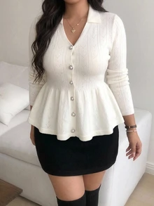 Dazy Plus Cardigan Gaya Korea Lengan Panjang Kerah Lipat Warna Polos Musim Gugur/Dingin dengan Hiasan Ruffle - Aprikot - View 3