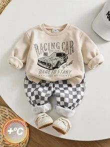 SHEIN 中性嬰兒男/女童、幼兒 2 件組秋冬加厚抓絨休閒時尚賽車圖案運動衫套裝，嬰兒運動服冬季套裝，街頭風 - 彩色 - 查看 3