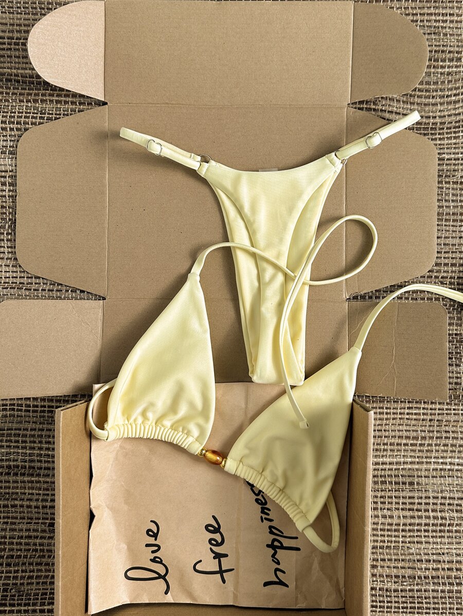 Swim Mod Polka Dot Halter Tie Two Pieces Bikini Swimsuit - Yellow - View 1
