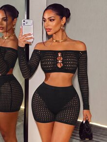 SHEIN BamGlam Women's Off-Shoulder Long Sleeve Cutout Design Cropped Top And Shorts Sexy Set - Black - View 1
