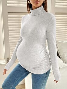 SHEIN 孕婦純色高領長袖修身休閒T恤上衣 - 淺灰色 - 查看 5