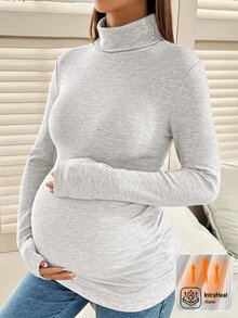 SHEIN 孕婦純色高領長袖修身休閒T恤上衣 - 淺灰色 - 查看 3