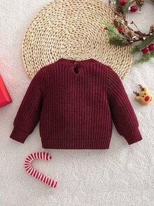 SHEIN 新生兒休閒寬鬆舒適長袖針織衫，秋冬聖誕節大碼圓領紅色毛衣 - 酒紅色 - 查看 2