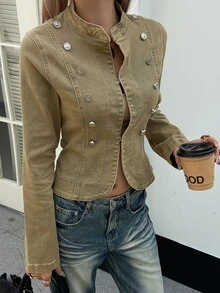 Livesso Women's Long Sleeve Double-Breasted Button Design Casual Denim Jacket - Khaki - View 4