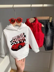 SHEIN 3件組男嬰秋冬紅色刷毛背心外套賽車圖案白色連帽衛衣黑色牛仔褲外套套裝嬰兒服飾背心套裝秋冬套裝賽車套裝 - 彩色 - 查看 7