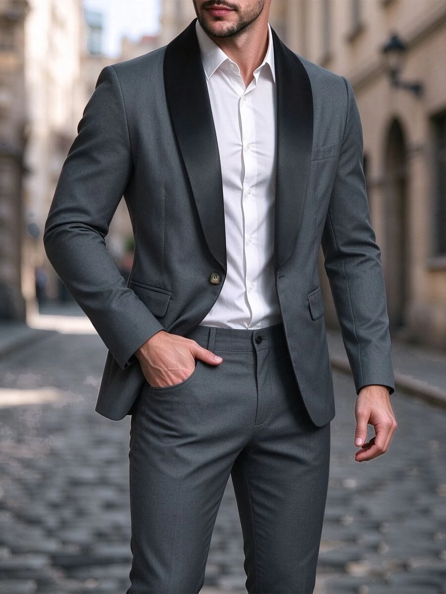 Manfinity Mode Setelan Jas Pria Kerah Syal Warna Polos dengan Kancing Depan, Blazer dan Celana Panjang, Gaya Klasik, Formal, Upacara - Dark Grey - View 1