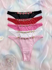 Eraneu 5PCS Floral Embroidered Heart Ring Women's Panties, Soft And Comfortable, Suitable For Daily Wear, Sweet And Cute, Multiple Colors Available, Suitable For Various Outfit Scenarios - Multicolor - View 4