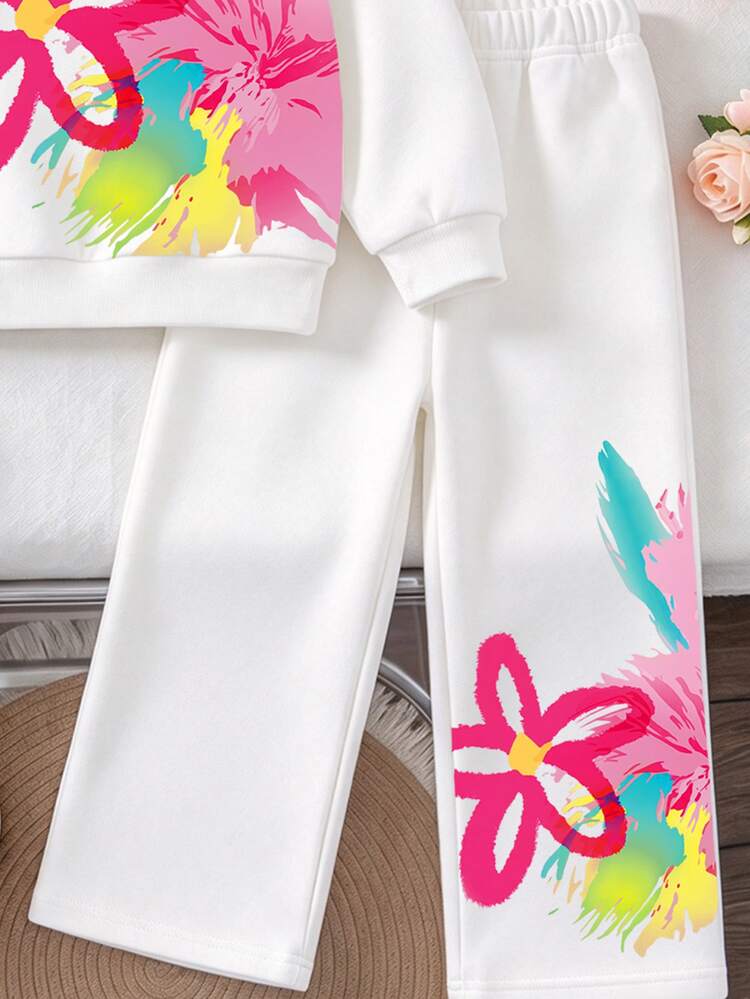 Young Girl Floral Print Pullover Sweatshirt & Wide Leg Pants Outfit Set For Outing Wear Christmas Halloween Casual Clothes - White - View 4