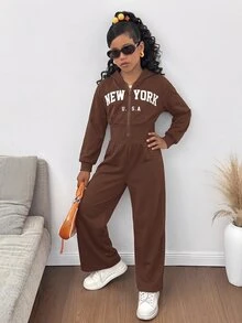 SHEIN 女童時尚簡約純色連帽拉鍊印字字母高腰秋冬連身褲 - 棕色 - 查看 3