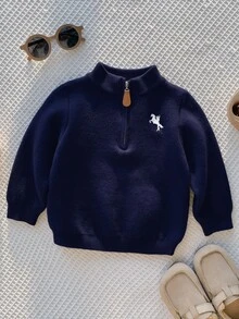 SHEIN 中性嬰兒男孩/女孩、幼兒秋冬保暖內裡加厚立領半鈕扣開襟針織衫，保暖加厚 - 藏蓝色 - 查看 3