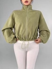 DAZY Women's Solid Color Dropped Shoulder Long Sleeve Zip-Up Sports Jacket - Limelight Green - View 5