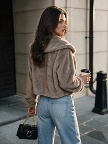 SHEIN Women's Oversized Collar Gradient Color Short Faux Fur Long Sleeve Jacket, Commuter Outfit, Women's Winter Coat, Fuzzy Jacket, Holiday Outfit, Outing Outfit - Grey - View 2