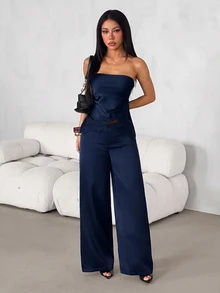 SHEIN PETITE Women's Satin & Lace Patchwork Bandeau Top And Long Pants 2 Pieces Set - Navy Blue - View 3