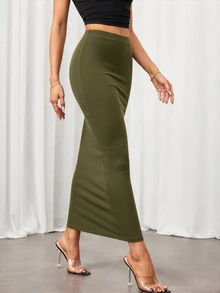 SHEIN Tall 純色鉛筆裙黑色緊身裙，適合高個女性 - 軍綠色 - 查看 6