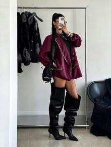 StreetHx 女款街頭次文化龐克鉚釘裝飾寬鬆休閒極簡嘻哈街頭風西裝外套，黑白色，適合夏日、萬聖節、夜晚外出 - 酒紅色 - 查看 4