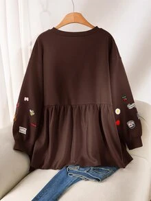 CosyJoli Plus Size Embroidered Fashion Ruffle Hem Crew Neck Sweatshirt Casual Cute Kawaii Back To School Sweatshirt For Women Autumn Daily Going Out Formal Party - Brown - View 2