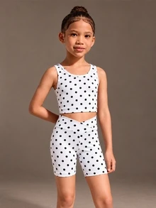 SHEIN 少女黑色白色波點運動兩件套，鏤空交叉背體操牛仔女式連身衣，舞蹈短褲沙灘秋季款 - 黑與白 - 查看 3