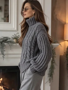 SHEIN Women's Loose High Neck Long Sleeve Cable Knit Sweater, Dark Grey, Slouchy, Autumn/Winter Outerwear - Grey - View 3