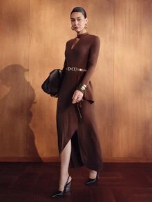 MOTF PREMIUM WOMEN'S ELEGANT HOLLOW OUT SEXY LONG SLEEVE FRONT SLIT DRESS - Coffee - View 6