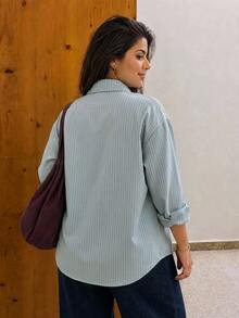 Dazy Plus Fashion Striped Lapel Loose Fit Playful Commuter Versatile Casual Spring Autumn New Shirt - Mint Blue - View 2