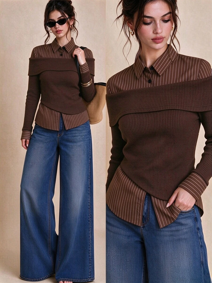 Selenza Women's Fashionable New Spring/Autumn Romantic Elegant Black Off-Shoulder Striped Patchwork Shirt, Fashionable Item - Brown - View 1