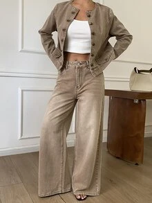 DAZY Women's Long Sleeve Single-Breasted Jacket And Wide Leg Pants Casual Denim Set - Brown - View 1
