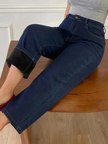 Dazy Plus Thermal Lined Thickened Straight Leg Cropped Jeans, Fun Commute Style, Autumn/Winter New - Dark Wash - View 1