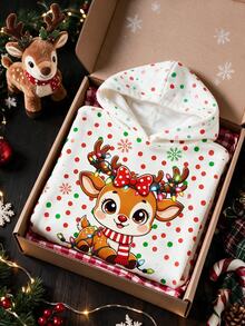 Tween Girl Cartoon Reindeer Kids Print Hooded Autumn Winter Sweatshirt Christmas Sweet & Cool - Multicolor - View 2