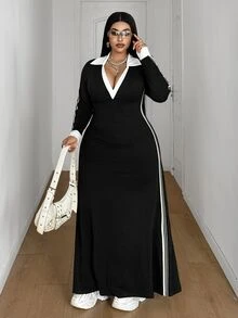 Maweii Plus Size Women's Casual High Elastic Knit Fabric A-Line Long Sleeve Dress, Side Color Block Ribbon Design, Fashionable And Versatile, Suitable For Daily Outings And Street Wear, Slimming Dress, Fashionable And Versatile, Suitable For Outings, Parties, Gatherings, Dates, Romantic Music Festivals And Other Occasions. - Black - View 2