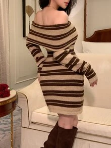 DAZY Women's Square Neck Striped Elegant Short Sweater Dress - Khaki - View 3