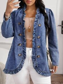 SHEIN CURVE+ Plus Size Women's Long Sleeve Double-Breasted Frill Trim Casual Denim Jacket - Blue - View 6