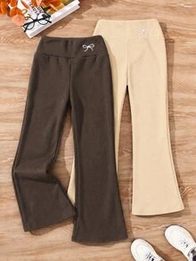 SHEIN Tween女孩秋冬休閒百搭保暖內裡加厚羅紋喇叭褲，附蝴蝶結與高領，2件套 - 彩色 - 查看 2