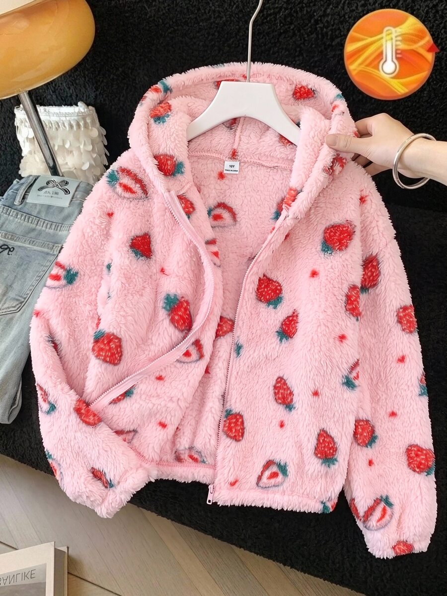 SHEIN Tween Girl Thermal Lined Tween Girl Thick Bow Hooded Zip-Up Jacket Fall/Winter - Pink - View 1