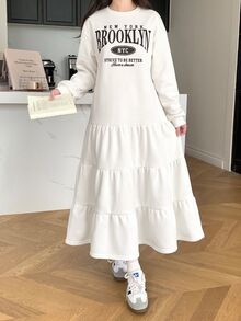 青少年女孩休閒寬鬆圓領落肩保暖內裡抽褶下擺洋裝，返校季，適合秋冬，灰色長洋裝 - 白色 - 查看 5