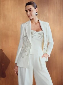 MOTF PREMIUM WOMEN'S HEAVY EMBROIDERY LAPEL DEEP V-NECK DOUBLE-BREASTED LIGHT CEREMONIAL BLAZER, AUTUMN/WINTER - Beige - View 4