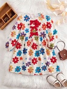 Tween Girl Floral Pattern Bow Decor Round Neck Long Sleeve Cute Dress - Red - View 4