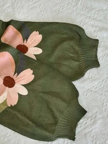 Linhara Plus Size Casual Fashion Versatile Loose Lazy Plus Size Scoop Neck Asymmetrical Shoulder Floral Print Long Sleeve Knit Sweater Pullover - Green - View 5