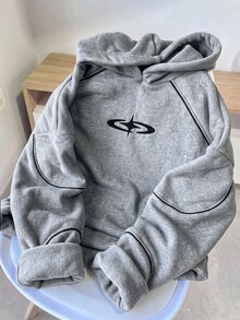 SHEIN 青少年女孩配色拼接連帽休閒Y2K日常長袖冬季衛衣 海軍藍 秋冬 生日告別禮物 - 灰色 - 查看 1
