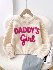SHEIN Baby Girl Contrast Color Embroidered Letter Pattern Drop Shoulder Thick Textured Pullover Sweater Suitable For Winter - Beige - View 3